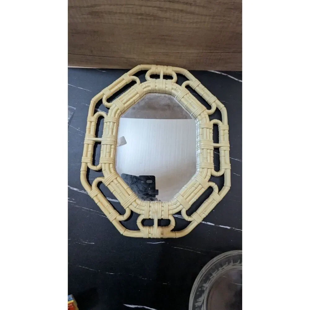 Vintage Homco Faux Bamboo Octagon Wall Mirror Cream Hollywood Regency 1983 18x14
